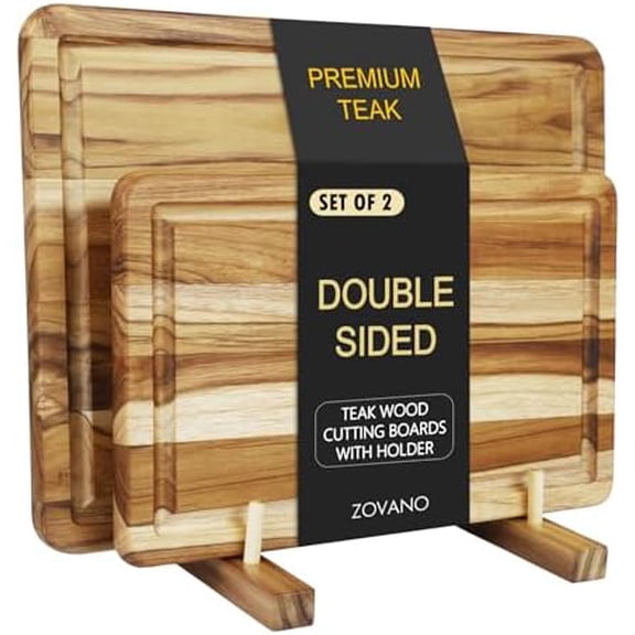 2-Piece Teak Cutting Board Set with Storage Stand for Kitchen Prep & ServingCharcuteire Chopping Boards with Deep Juice Groove,Gift for Chef Housewarming Wedding$$Home Decor, Kitchen, & Other