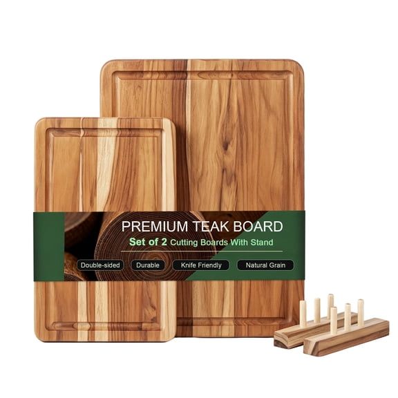 ZOVANO 2pcs Teak Wood Cutting Board Set with Fast Drying Stand Storage