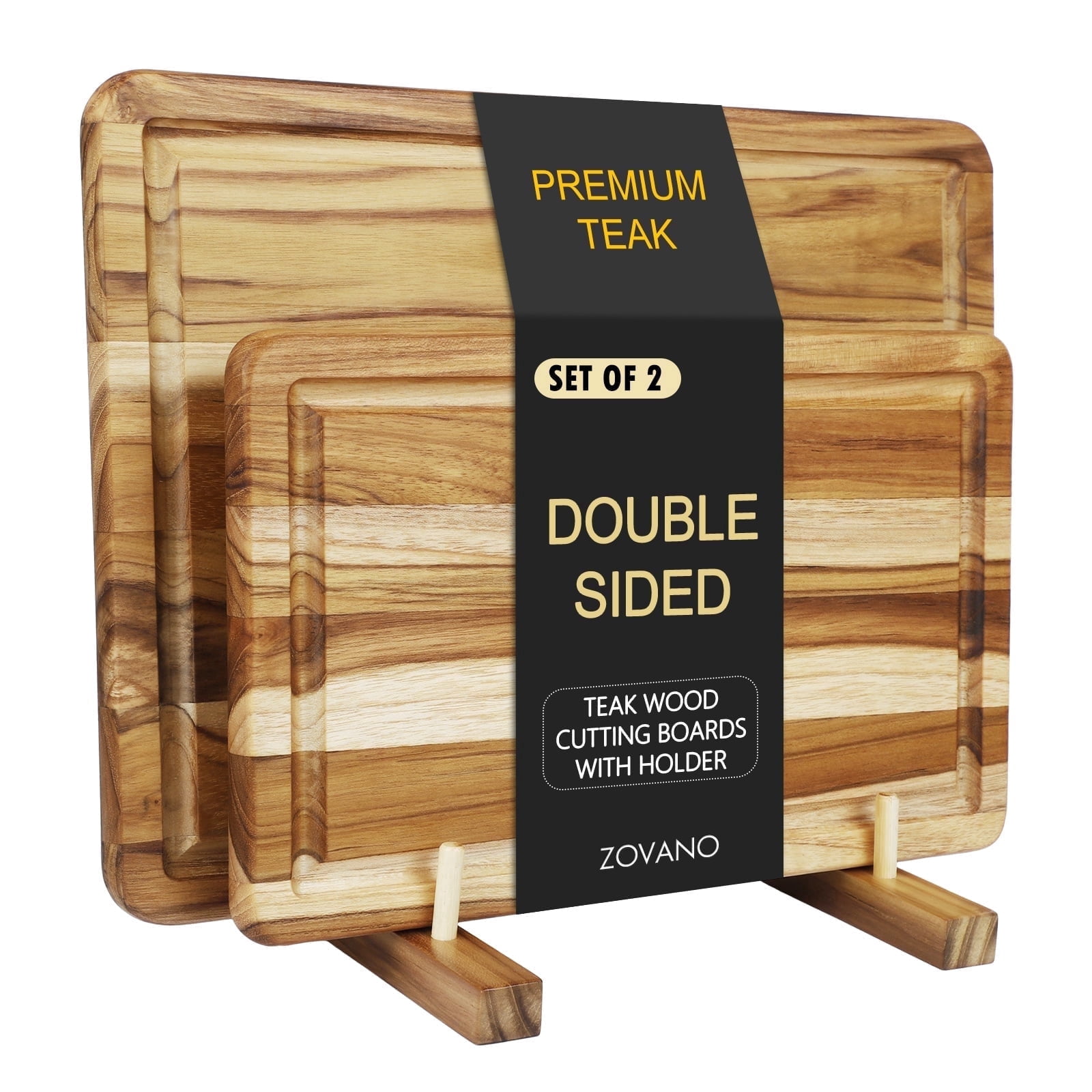 2-Piece Teak Cutting Board Set with Storage Stand for Kitchen Prep & Serving，Charcuteire Chopping Boards with Deep Juice Groove,Gift for Chef Housewarming Wedding