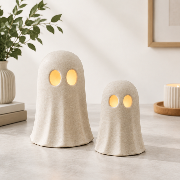 2-Piece Terracotta Ghost Figurine Set with LED Lights, Decor for Home Porch Mantel Tabletop