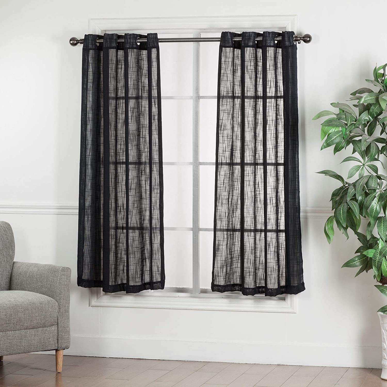 2 Piece Textured Linen Sheer Grommet Top Curtain Panel Drape Set (63" Long, Black)