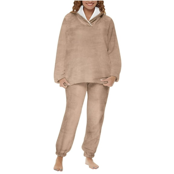 2 Piece Thermal Hoodies Pajamas Set for Women Ultra Soft Plush Velvet Homewear Loungewear Outfits Khaki,M