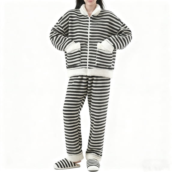 2 Piece Thick Pajamas for Women Soft Fuzzy Fleece Winter Warm Striped Sleepwear Set Zip up Jackets with Pockets Wide Leg Pants Loungewear Outfits Black XL