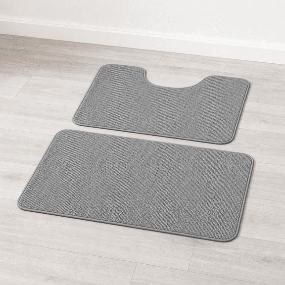 2-Piece Thin Bath Rug Set, Grey, Quick Dry Non-Slip Absorbent Bathroom Mats