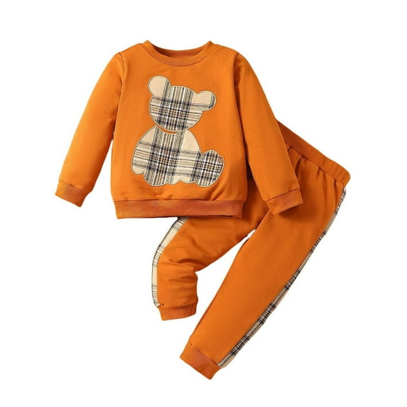 2 Piece Toddler Baby Sets Boy Fall Winter Long Sleeve Crew Neck Pullover Cute Print Kids Outfits for Gifts,Yellow,18 Months