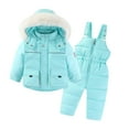 thumbnail image 1 of 2 Piece Toddler Baby Snow Suit - Unisex Kids Boys Girls Two Piece Snowsuit Winter Hooded Puffer Down Jackets Coat with Ski Bib Overall Pants Set 2 Piece Outfits by Llywey ,Light Blue ,5T, 1 of 9