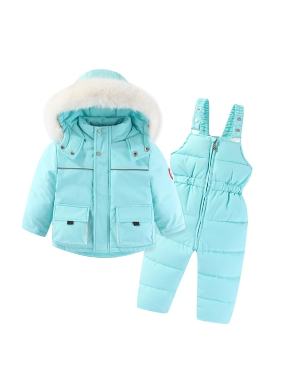 2 Piece Toddler Baby Snow Suit - Unisex Kids Boys Girls Two Piece Snowsuit Winter Hooded Puffer Down Jackets Coat with Ski Bib Overall Pants Set 2 Piece Outfits by Llywey ,Light Blue ,3T