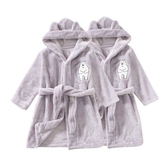 2 Piece Toddler Robe Boys Girls Hooded Flannel Bathrobe Long Sleeve Soft Fleece Plush Robes Cute Animal Pajamas Sleepwear, Gray, 5 Years