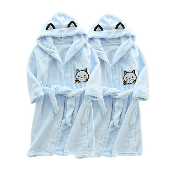 2 Piece Toddler Robe Boys Girls Hooded Flannel Bathrobe Long Sleeve Soft Fleece Plush Robes Cute Animal Pajamas Sleepwear, Light Blue, 5 Years