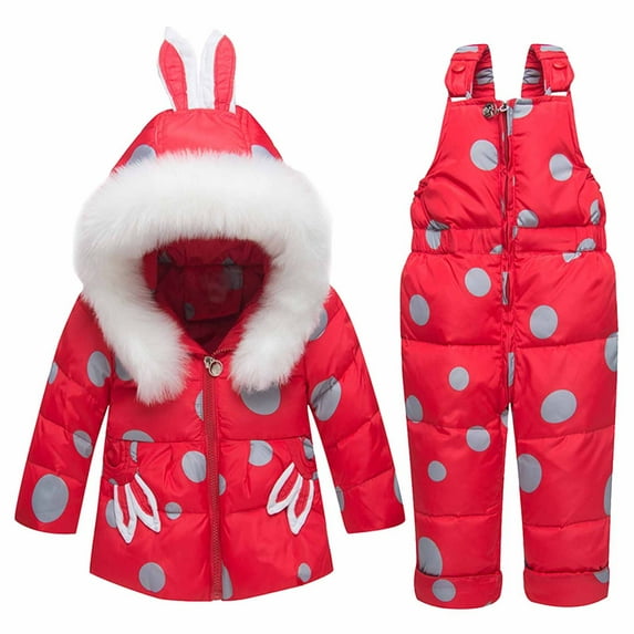 2 Piece Toddler Snowsuit Winter Cute Puffer down Jacket Bib Pants Long Sleeve Hooded Warm Windproof Outdoor Ski Suit, Red, 3 Years