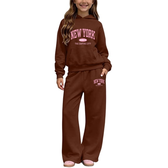 2 Piece Track Suits for Girl New York Letter Print Trendy Lounge Sets Fleece Pullover Hoodies Sweatpants Brown, Size 7-8 Y