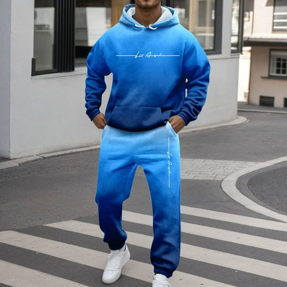 2 Piece TrackSuits Set Mens Hoodies and Sweatpants Sets Jogging Workout Casual Sweat Suits Spring Blue L