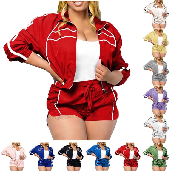 2 Piece Tracksuit Set for Women Zip-Up Cropped Jacket and Drawstring Shorts with Contrast Piping Casual Outfit Red S