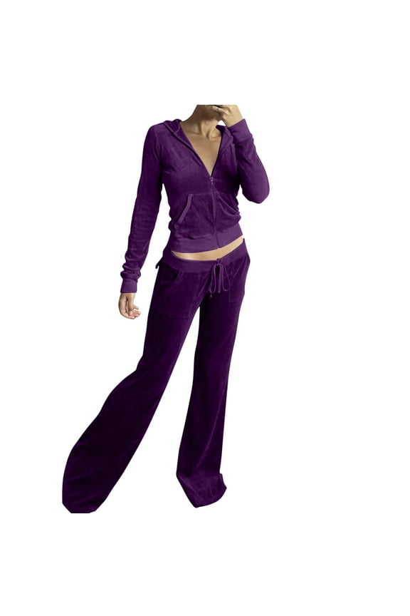 2 Piece Tracksuit Sets for Women Fall Velour Sweatsuit Plus Size Full Zip Cropped Hoodies and Wide Leg Pants Suits (Purple XL)