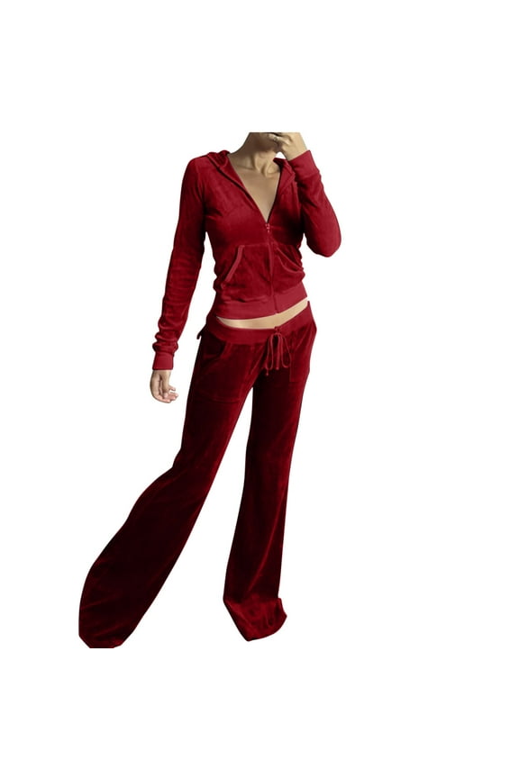 2 Piece Tracksuit Sets for Women Fall Velour Sweatsuit Plus Size Full Zip Cropped Hoodies and Wide Leg Pants Suits (Wine L)