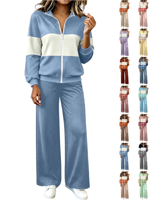 2 Piece Tracksuit Sets for Women Zip Up Lapel Long Sleeve Jacket Wide Leg Pants Loose Fit Casual Athletic Lounge Everyday Sweatsuit Sets