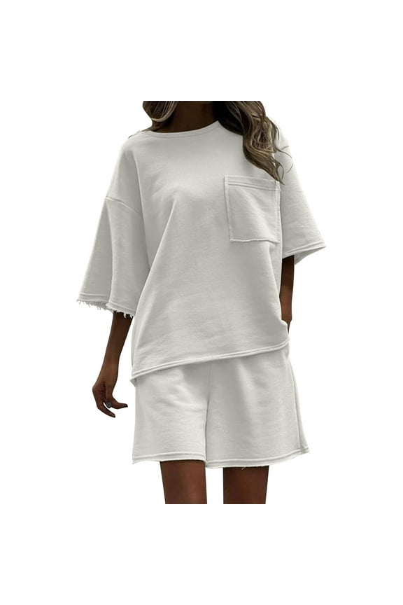 2 Piece Tracksuit for Women Shorts, Oversized T-Shirt and Short Pants Suit Set with Pockets, Sports Sweatsuit Summer Sets Linen Sets for Women 2 Piece Shorts White M