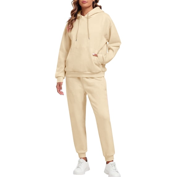 2 Piece Tracksuit Women Solid French Terry Fleece Pullover Hoodie With Kangaroo Pocket Jogger Sweatpants Casual Lounge Matching Outfit Khaki 3XL