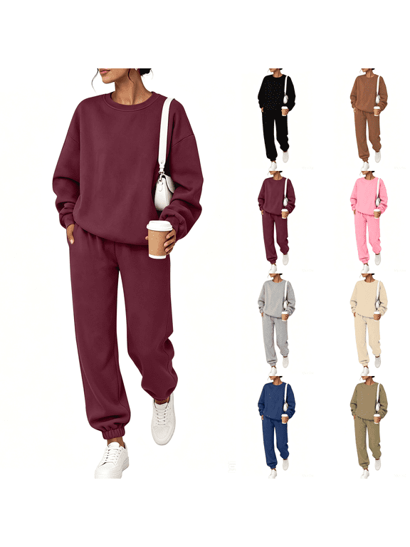 2 Piece Tracksuit Women Solid French Terry Fleece Pullover Hoodie With Kangaroo Pocket Jogger Sweatpants Casual Lounge Matching Outfit