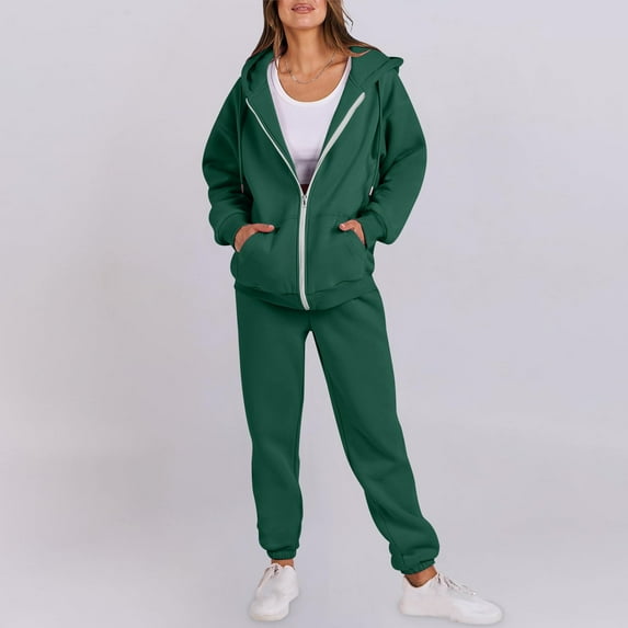 2 Piece Tracksuit for Women Jogging Set Zip up Hoodies Sweatsuits Long Sleeve Coats Jogger Pants with Pockets for Fall Winter Outfits Green M