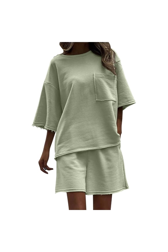 2 Piece Tracksuit for Women Shorts, Oversized T-Shirt and Short Pants Suit Set with Pockets, Sports Sweatsuit Summer Sets Outfit for Women Green S