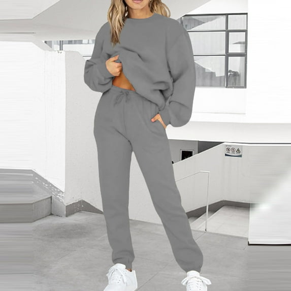 2 Piece Tracksuits for Women,Women's Workout Outfits 2 Pieces Jogger Tracksuit Solid Color Basic Long Sleeve Crewneck Sweatshirts Tops and High Waist Sport Pants Sweat Suits