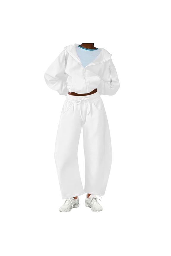 2 Piece Tracksuits Womens Lounge Sports Outfits Cotton Sweatsuits Hoodie Jacket and Barrel Sweatpant Pant Set (2XL, White)