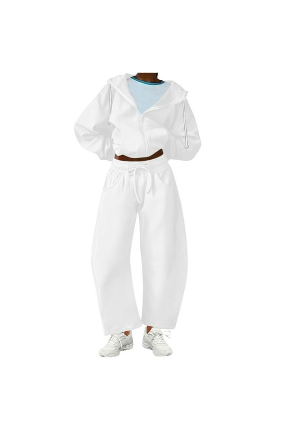 2 Piece Tracksuits Womens Lounge Sports Outfits Cotton Sweatsuits Hoodie Jacket and Barrel Sweatpant Pant Set (S, White)