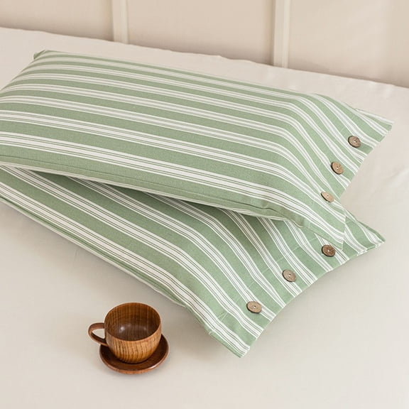 2-Piece Traditional Homespun Button Closure Bed Standard Pillow Shams, Light Green and White