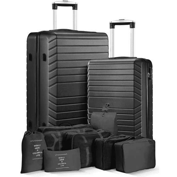2 Piece Travel Luggage Sets (20"&28") Hardside Suitcase with 7PC Organizer Bags,Black