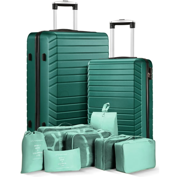 2 Piece Travel Luggage Sets (20"&28") Hardside Suitcase with 7PC Organizer Bags,Green