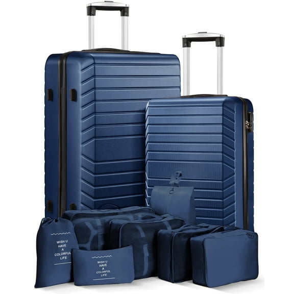 2 Piece Travel Luggage Sets (20"&28") Hardside Suitcase with 7PC Organizer Bags,Navy