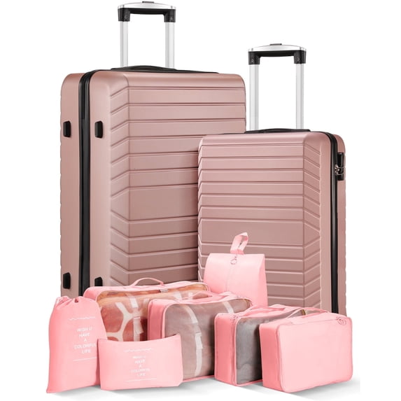 2 Piece Travel Luggage Sets (20"&28") Hardside Suitcase with 7PC Organizer Bags,Rose Gold