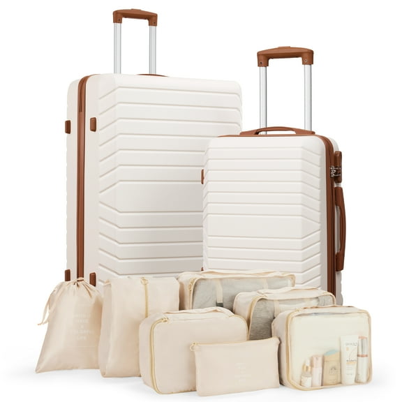 2 Piece Travel Luggage Sets (20"&28") Hardside Suitcase with 7PC Organizer Bags,White Tan