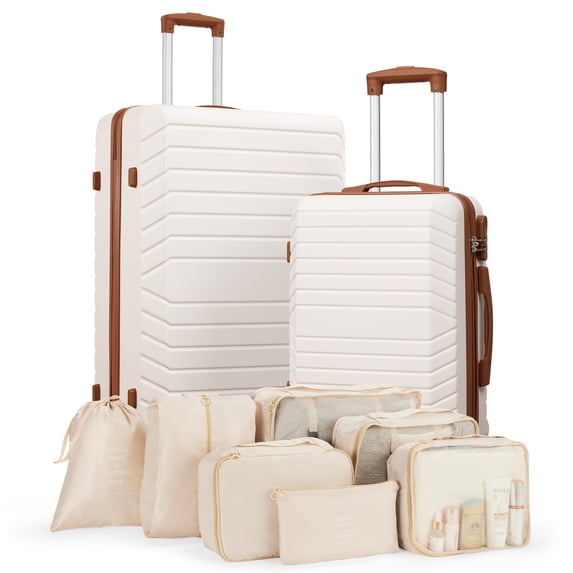 2 Piece Travel Luggage Sets (20"&28") Hardside Suitcase with 7PC Organizer Bags,White Tan