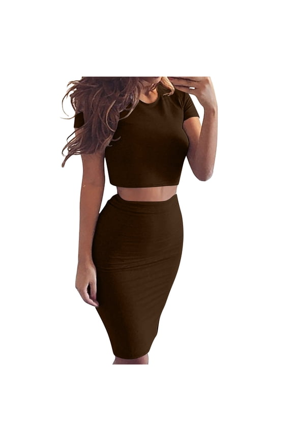 Womens 2 Piece Travel Outfits Summer Two Piece Sets Clothing Set Female Round Neck Short Sleeve Sets Long Pant Tracksuits Coffee Pants Style S_286 s