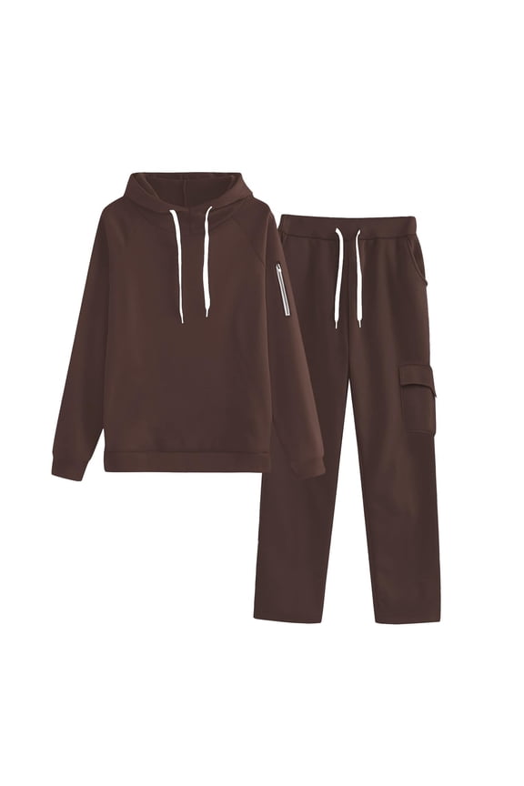 2 Piece Travel Sets for Women Trendy Sweatsuits Hoodies Sweatshirts Fall Wide Leg Cargo Sweatpants with Pockets New Tracksuit Sets for Women 2 Piece Coffee S