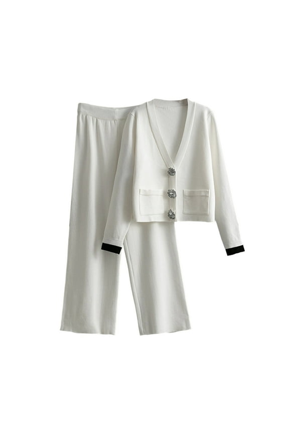 2 Piece Travel Sweatsuit Womens 2 Piece Sweater Sets, V-Neck Button Cardigan Coat with High Waisted Wide Leg Trousers, Fall Winter Warm Knit Outfits White One Size