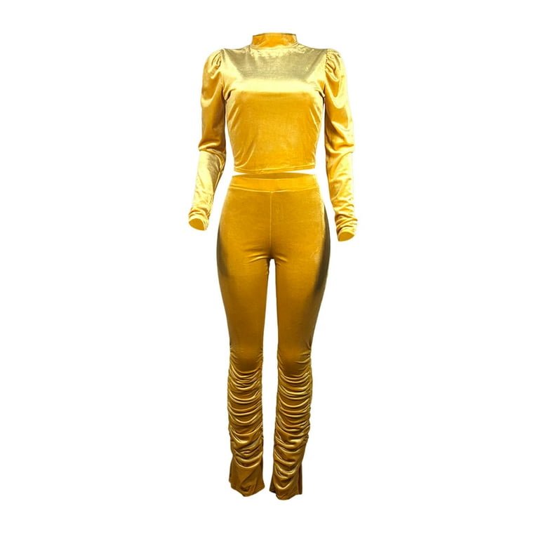 Outfit Yellow Velvet Trousers 2-Piece Trendy Velvet Outfits For