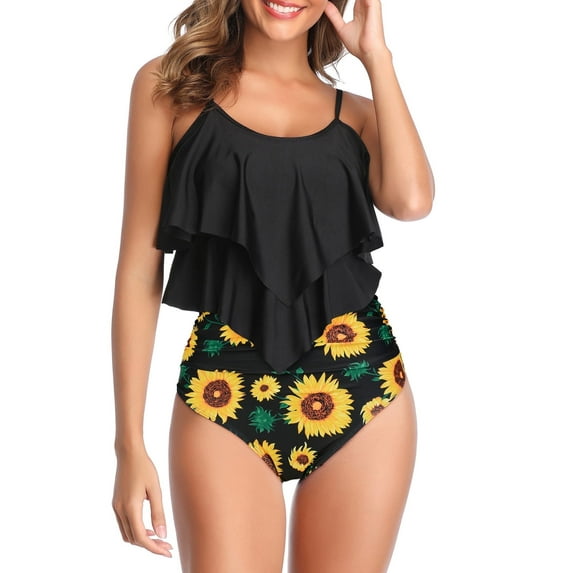 2 Piece Tummy Control Swimsuits for Women Double Ruffled High Waisted Tankini Bathing Suits Black Sunflower XL