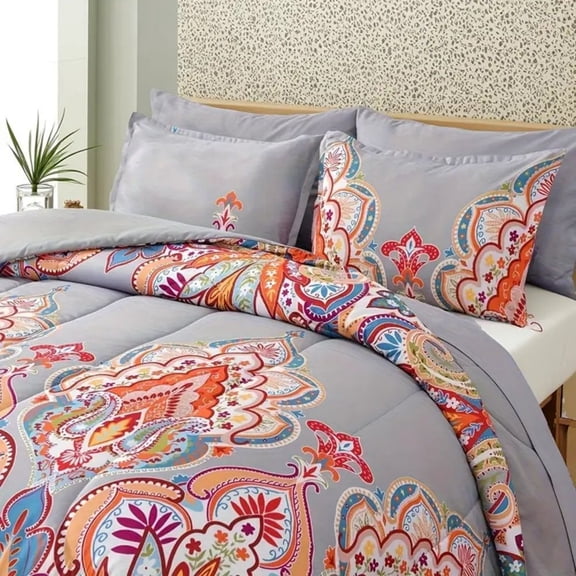 2 Piece Twin Comforter Set Pattern Gray with Rainbow Floral
