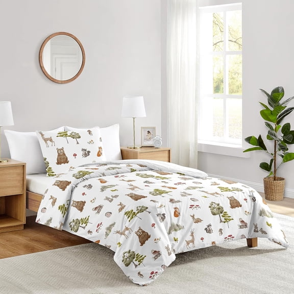 2-Piece Twin Comforter Set (Woodland Forest Animals) for Boys or Girls, Children, Kids Bedding, Bed in a Bag incl. Blanket & Pillow Sham (Neutral, Brown Bear, Owl, Fox, Tree Animal)