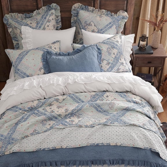 2 Piece Twin Quilt Set, Cotton Quilt with Paisley Floral Bedding Design, Blue Geometric Western Bedding for Cabin and Modern Rustic Bedrooms
