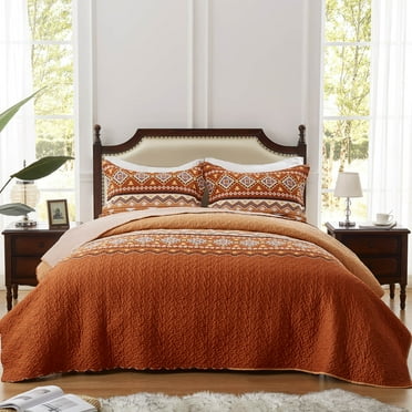 2-Piece Twin Size Quilt Set - Orange Rust Bohemian Bedspread Coverlet with 1 Pillow Sham, Microfiber