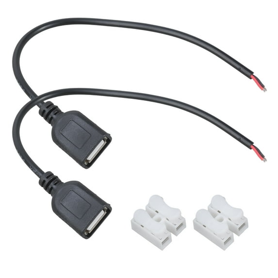 2 Piece USB Female To 2Pin Bare Wire Power Cord 5V Power Supply Cable With Connectors For Low Voltaged Devices Use