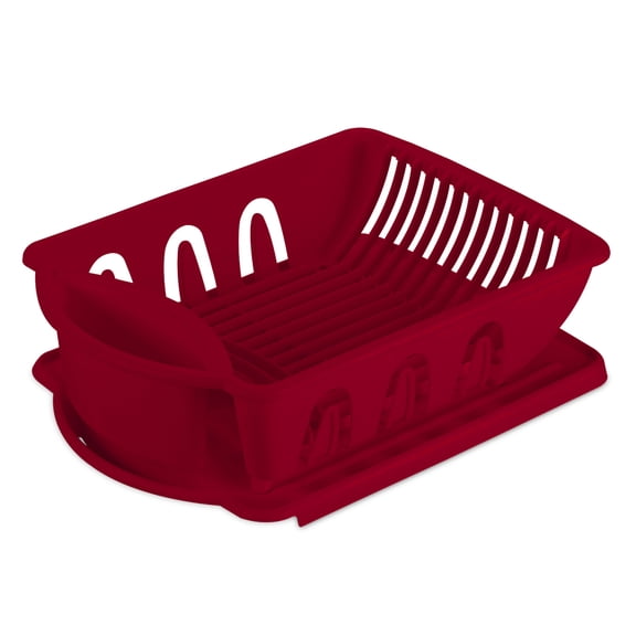 Sterilite 2 Piece Sink Set, Dish Drainer and Drainboard for Plates, Cups, and Flatware, Red