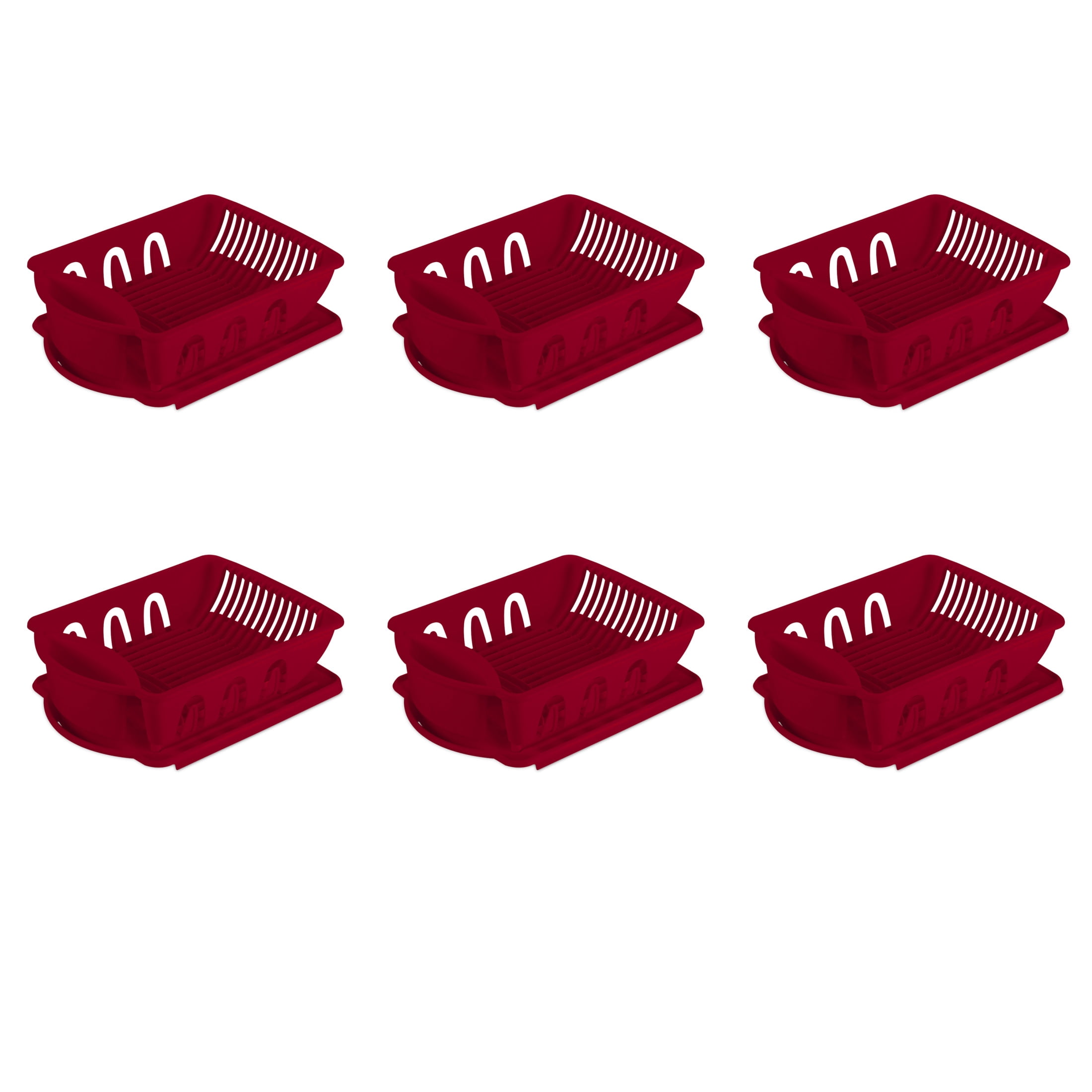 Sterilite 2 Piece Sink Set, Dish Drainer and Drainboard for Plates, Cups, and Flatware, Red, 6 Count