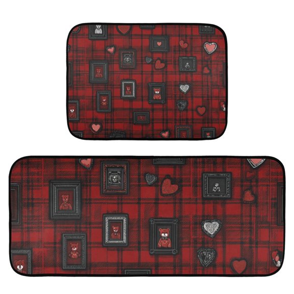 2-Piece Ultra Soft Absorbent Floor Mats With Anti-Skid Backing For Kitchen Bathroom Laundry Room Bear Hearts Pattern