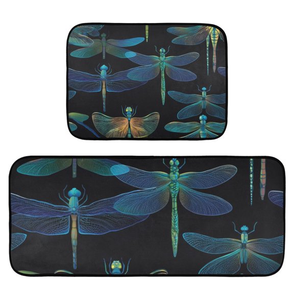 2-Piece Ultra Soft Absorbent Floor Mats With Anti-Skid Backing For Kitchen Bathroom Laundry Room Dragonfly