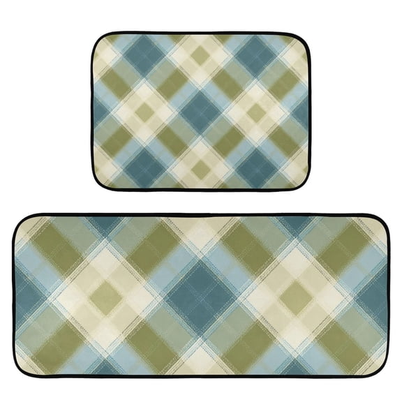 2-Piece Ultra Soft Absorbent Floor Mats With Anti-Skid Backing For Kitchen Bathroom Laundry Room Green&beige Tartan Pattern